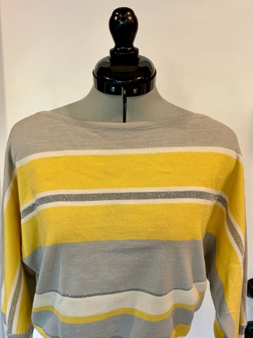 Luisa Spagnoli Lightweight Sweater, ribbed hem&sleeves, silver/yellow stripes, S - Picture 7 of 14
